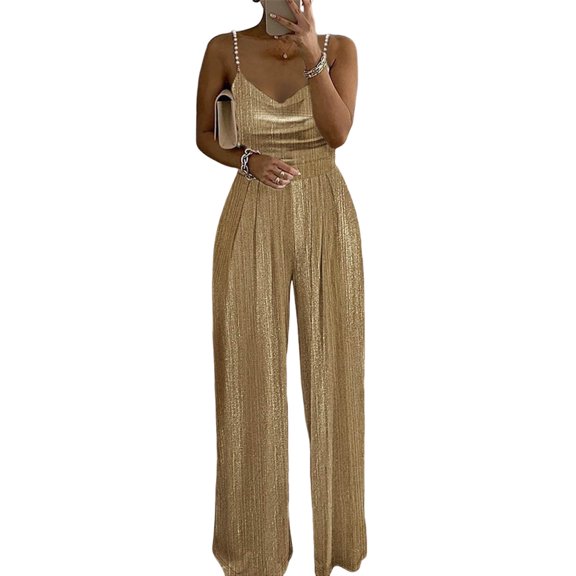 Womens Jumpsuits For Summer Glitter V-Neck Spaghetti Strap Jumpsuit High Waist Wide Leg One Piece Pants Outfit With Beaded Straps Formal Evening Party Overalls Gold M