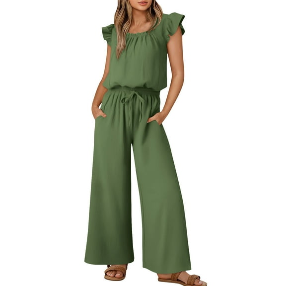 Womens Jumpsuits Summer Ruffle Sleeve Rompers Casual Dressy Drawstring High Waist Square Neck Overalls with Pocket, Green, XXL
