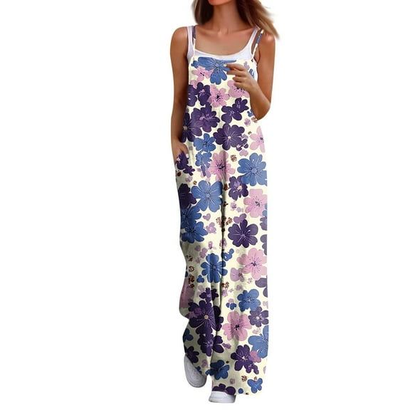Womens Jumpsuits Wide Leg Floral Print Rompers Loose Fit Comfy Spaghetti Strap Sleeveless Rompers Beach Vacation Outfits