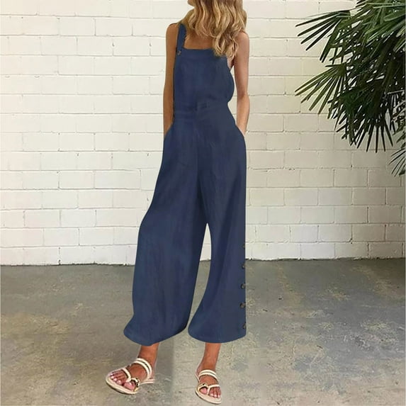 Womens Jumpsuits womens short jumpsuit Women's Casual Solid Color Pocket Side Buckle Loose Wide Leg Jumpsuit