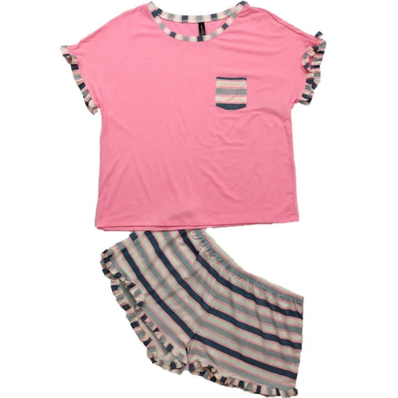 Womens Junior Neon Pink Blue White Ruffle Striped Pajamas Shorts Sleep Set