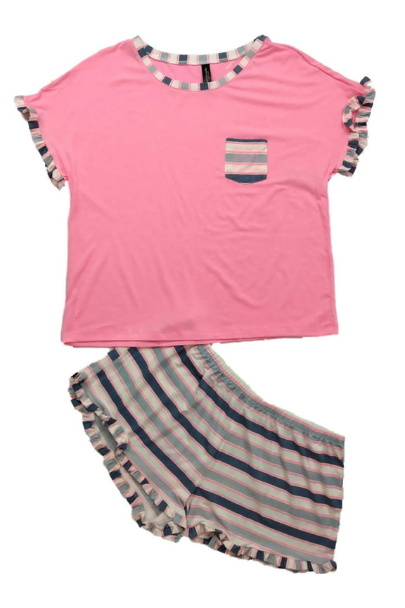 Womens Junior Neon Pink Blue White Ruffle Striped Pajamas Shorts Sleep Set