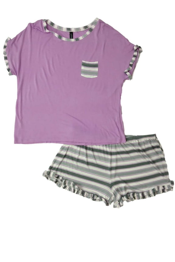 Womens Junior Purple White & Gray Ruffle Stripe Pajamas Shorts Sleep Set
