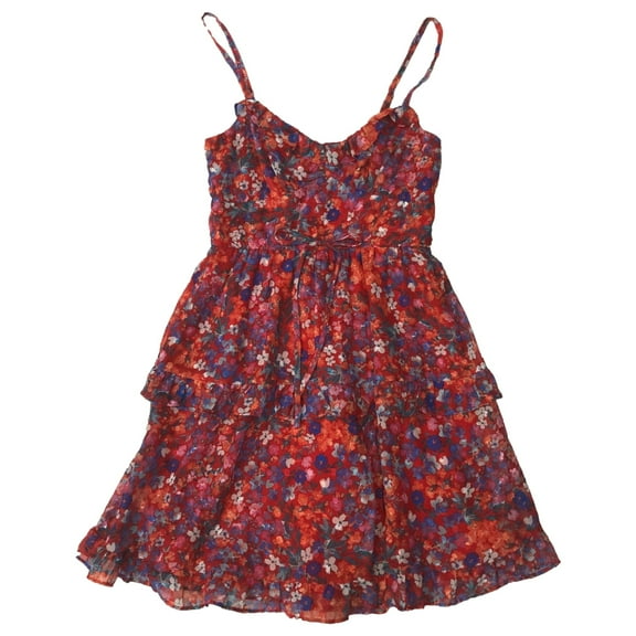 Womens (Junior's) Red Floral Ruffled Sleeveless Fit & Flare Sun Dress XS