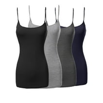 Womens & Juniors Basic Solid Long Length Adjustable Spaghetti Strap Camisole Tank Top (4PK - Black/H. Grey/Charcoal/Navy , M)