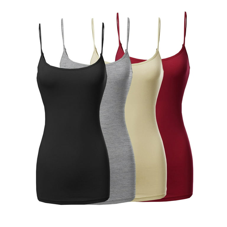 Womens & Juniors Basic Solid Long Length Adjustable Spaghetti Strap  Camisole Tank Top (4PK - Black/H. Grey/Taupe/D. Red, 1XL) 