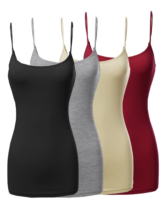 4 Packs - TheLovely Women's & Plus Size Basic Solid Long Length Adjustable Spaghetti Strap Tank Top Camisole (4PK - Black/H. Grey/Taupe/D. Red, M)