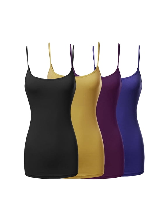 Womens & Juniors Basic Solid Long Length Adjustable Spaghetti Strap Camisole Tank Top (4PK - Black/Mustard/Purple/Royal, 2XL)