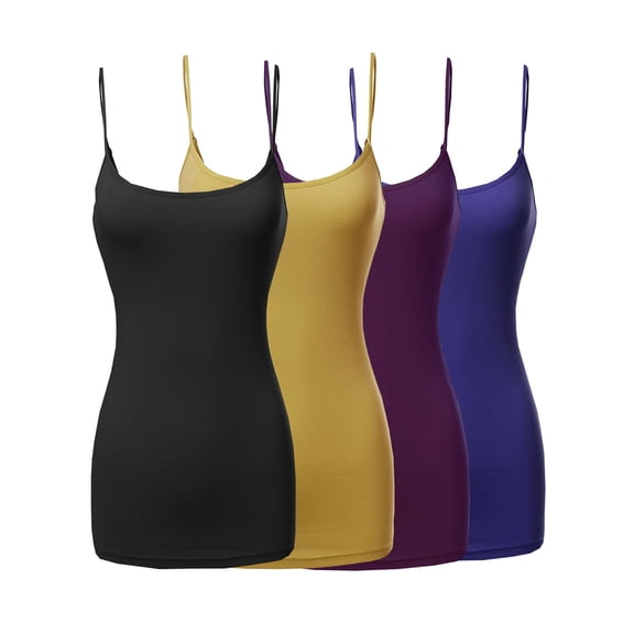 Womens & Juniors Basic Solid Long Length Adjustable Spaghetti Strap Camisole Tank Top (4PK - Black/Mustard/Purple/Royal, S)