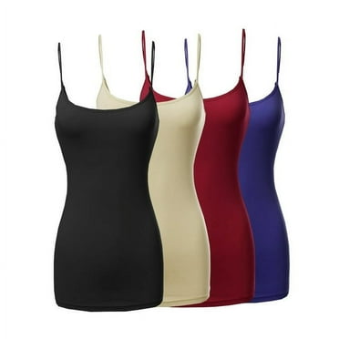 Womens & Juniors Basic Solid Long Length Adjustable Spaghetti Strap Camisole Tank Top (4PK - Black/Taupe/Red/Royal, 1XL)