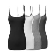 Womens & Juniors Basic Solid Long Length Adjustable Spaghetti Strap Camisole Tank Top (4PK - Black/White/H. Grey/Charcoal, M)
