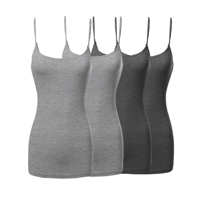 Womens & Juniors Basic Solid Long Length Adjustable Spaghetti Strap  Camisole Tank Top (4PK - H. Grey/H. Grey/Charcoal/Charcoal, L)