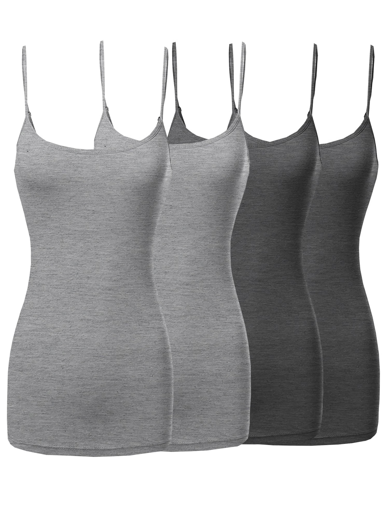 Womens & Juniors Basic Solid Long Length Adjustable Spaghetti Strap  Camisole Tank Top (4PK - H. Grey/H. Grey/Charcoal/Charcoal, M)