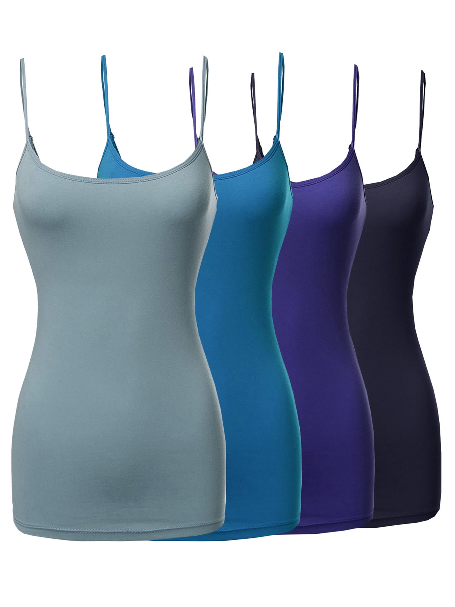 Womens & Juniors Basic Solid Long Length Adjustable Spaghetti Strap  Camisole Tank Top (4PK - H. Grey/H. Grey/Charcoal/Charcoal, M) 
