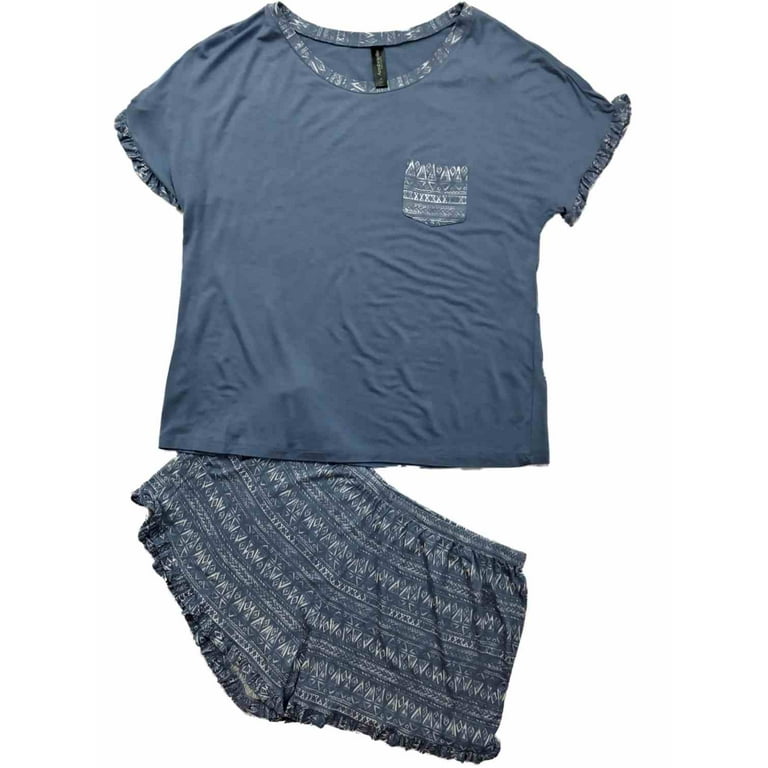 Womens Juniors Blue White Heathered Tribal Triangle Pajamas Shorts Sleep Set