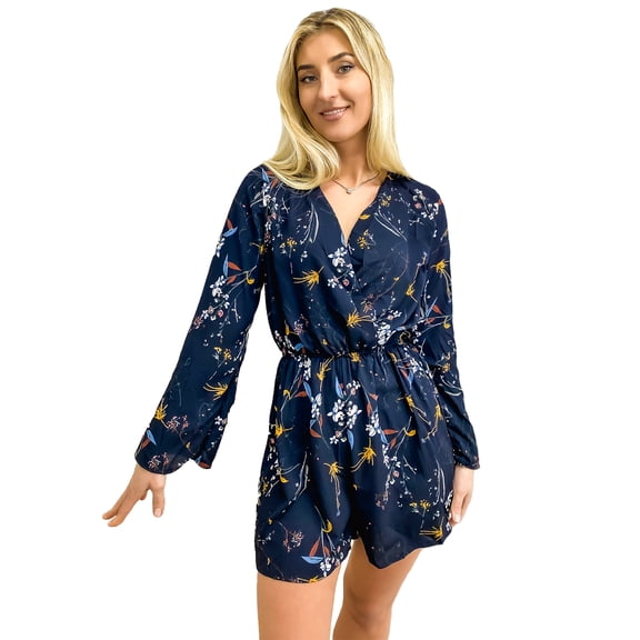 Womens Juniors Casual Jumpsuit Floral Long Sleeve V-Neck Backless Romper