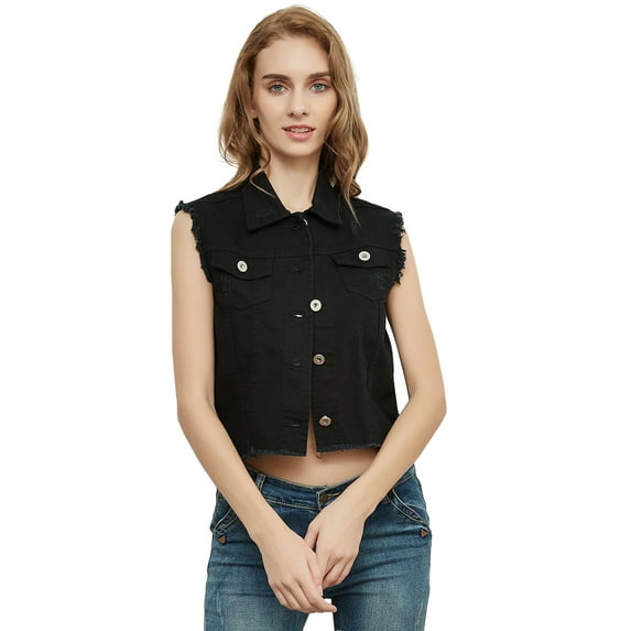 Womens Juniors Cotton Denim Black Sleeveless Crop Jacket Jean Vest, Black, Small