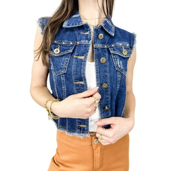 Womens Juniors Cotton Denim Indigo Sleeveless Crop Jacket Jean Vest, Indigo, Small