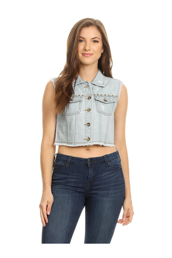 Womens Juniors Cotton Rivet Denim Sleeveless Crop Vest Jean Jacket, Light Blue, X-Large