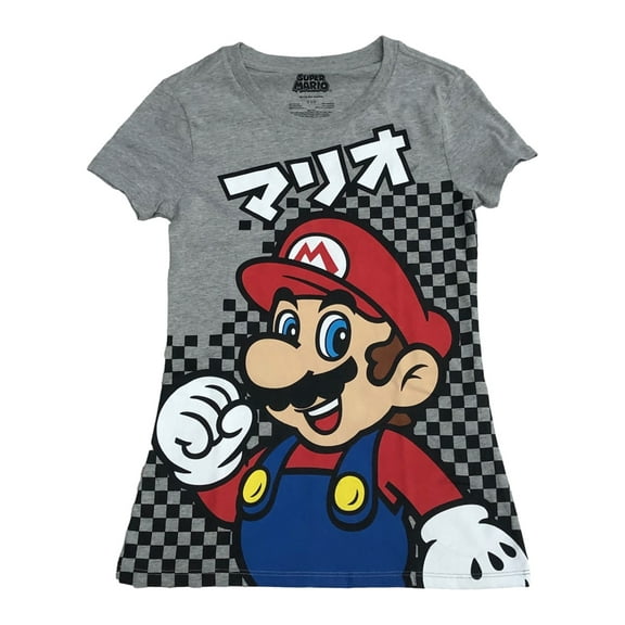 Womens (Juniors) Gray Check Super Mario Gamer T-Shirt Tee Shirt Small
