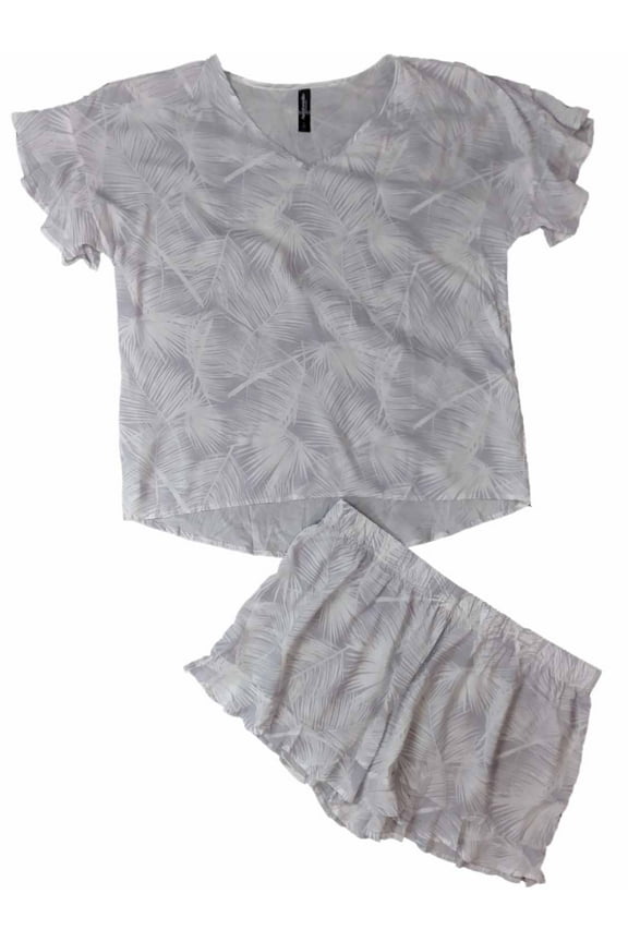 Womens Juniors Gray White Lightweight Fern Print Pajamas Shorts Sleep Set