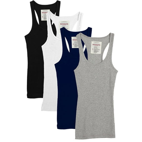 Womens & Juniors Racerback Ribbed Knit Athletic Camisole Long Tank Top - 4 or 6 Pack