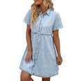 thumbnail image 1 of Womens Juniors Summer Denim Dress Casual Lapel Button Down Short Sleeves Ruffle Tiered Baby Doll Dress Short Jean Dress for Teen Girls, 1 of 9