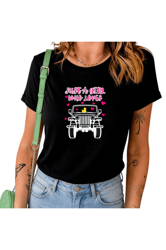 Womens Just A Girl Who Loves Jeep Print Oversized Black T-Shirt Cute Off-Road Car Lover Graphic Casual Daily Wear Top S-5XL
