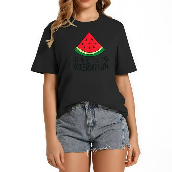 Womens Just Here For The Watermelon Summe Melon Watermelon Round Neck T-Shirt Black