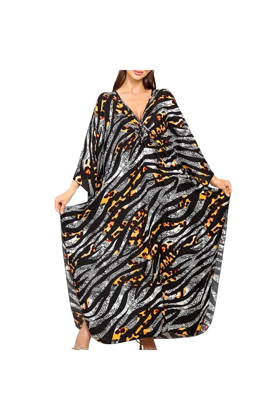 Womens Kaftan Dresses V Neck Batwing Sleeves Beach Cover Up Summer Floral Print Breathable Plus Size Caftan Dress Black One Size