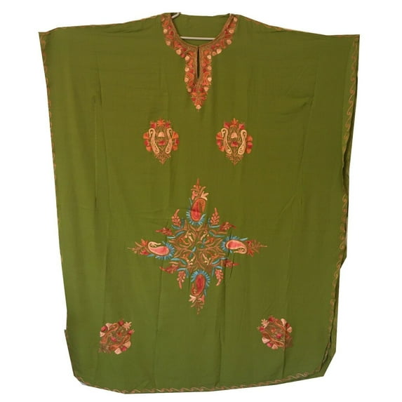 Womens Kaftan Hand Floral Embroidery Green Poly Crepe Gift For Mom L-54"