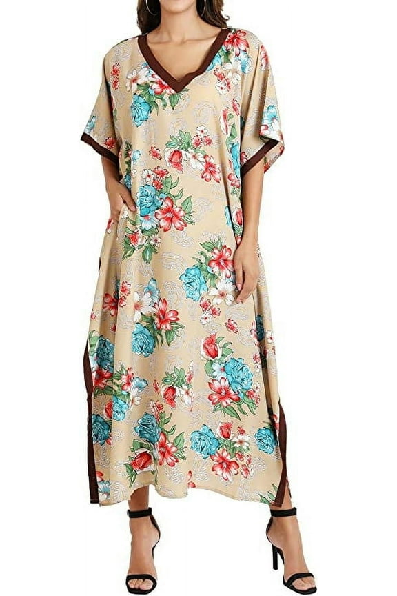 London Women’s Kaftan Maxi Dress – Tunic Kimono, One Size Fits 10–24, Summer Party, Evening, Loungewear & Resort Dress – 115-Brown