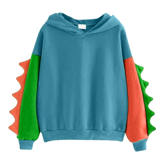 Womens Kawaii Sweatshirt Cartoon Dinosaur Hoodies Cute Tops Color Block Long Sleeve Pullover Shirts
