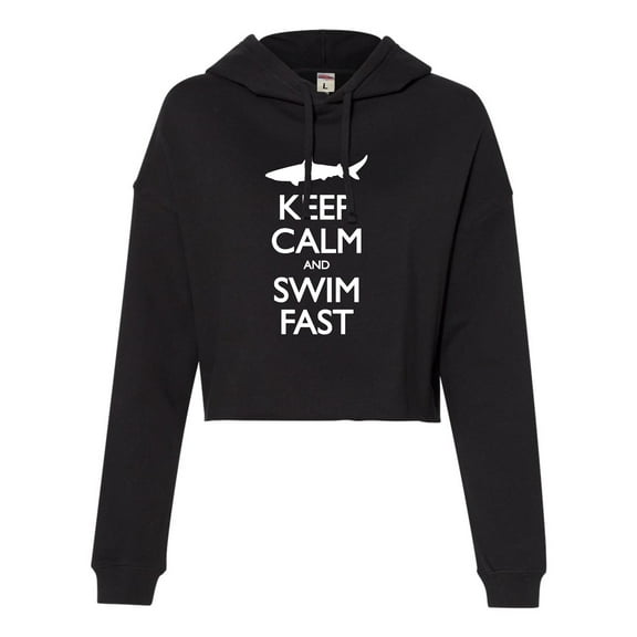 Womens Keep Calm And Swim Fast Funny Shark Lovers Cropped Hooded Sweatshirt