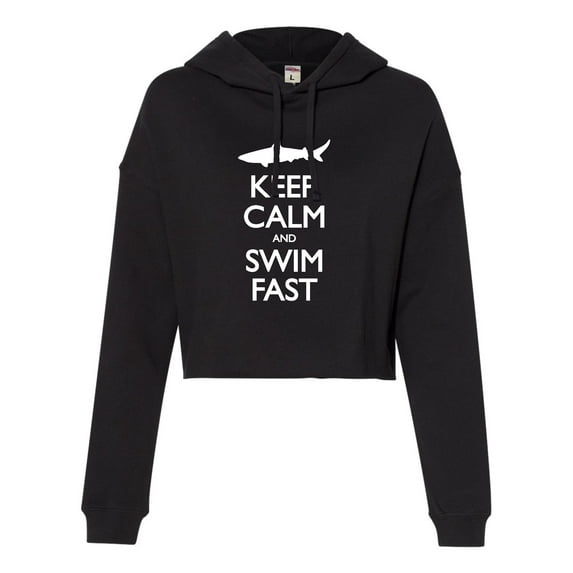 Womens Keep Calm And Swim Fast Funny Shark Lovers Cropped Hooded Sweatshirt