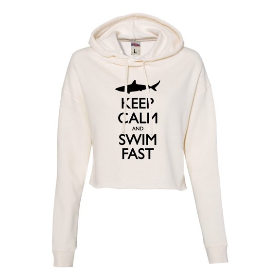 Womens Keep Calm And Swim Fast Funny Shark Lovers Cropped Hooded Sweatshirt