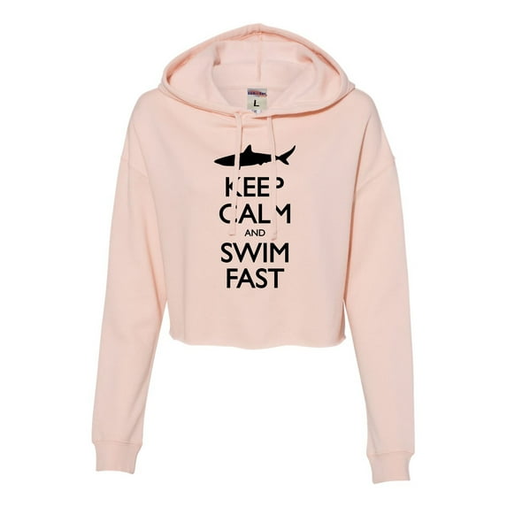 Womens Keep Calm And Swim Fast Funny Shark Lovers Cropped Hooded Sweatshirt