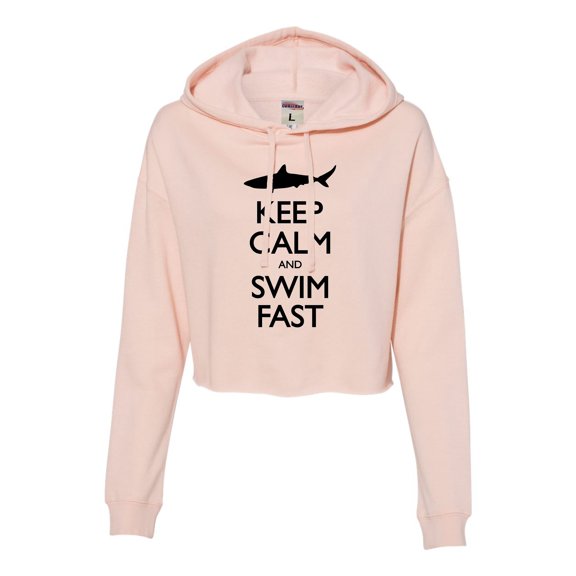 Womens Keep Calm And Swim Fast Funny Shark Lovers Cropped Hooded Sweatshirt