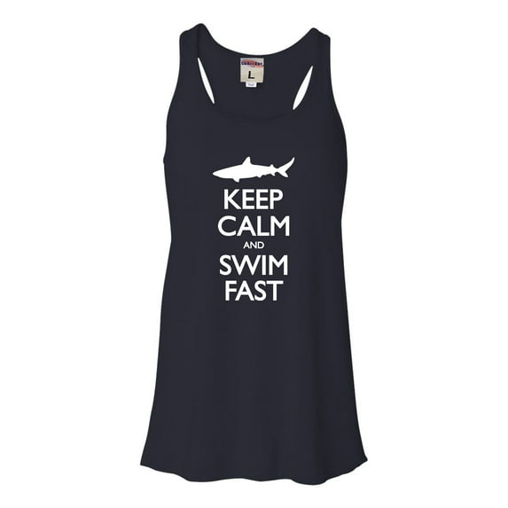 Womens Keep Calm And Swim Fast Funny Shark Lovers Flowy Racerback Tank Top T-Shirt