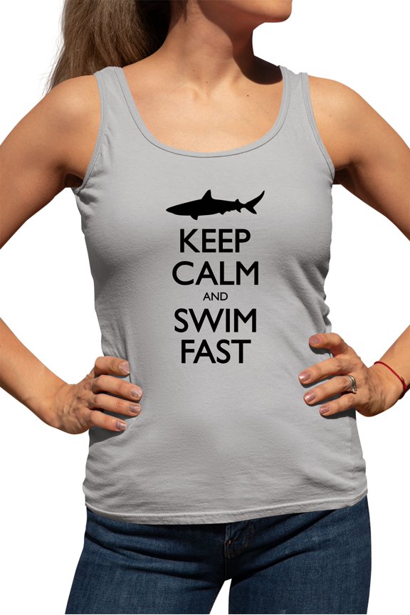 Womens Keep Calm And Swim Fast Funny Shark Lovers Racerback Tank Top T-Shirt