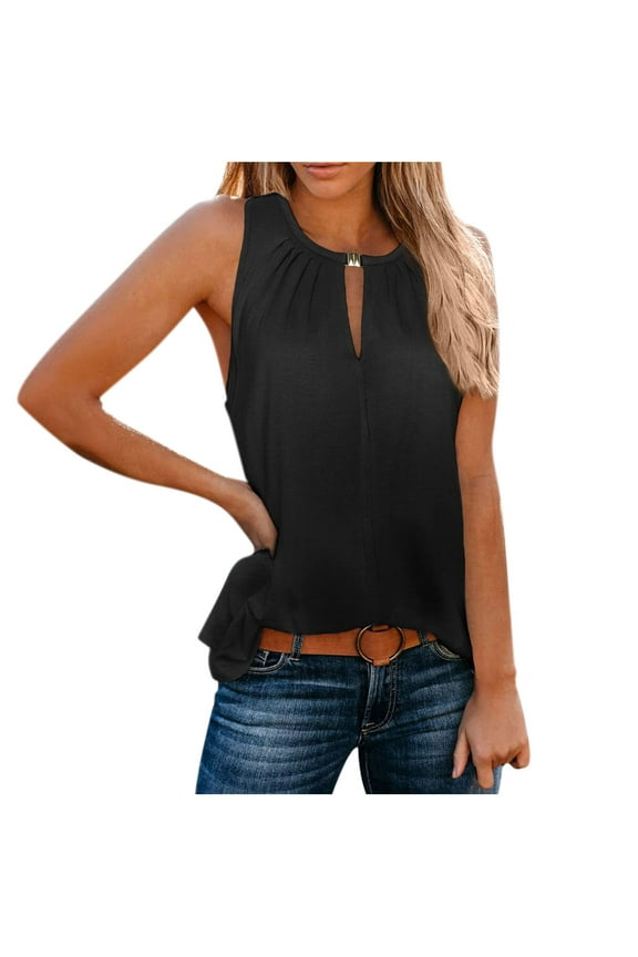 Womens Keyhole Neck Tank Tops Pleated Summer Casual Sleeveless Tee Shirts Polyester Soft Plain Tshirts Blouses (Large, Black)