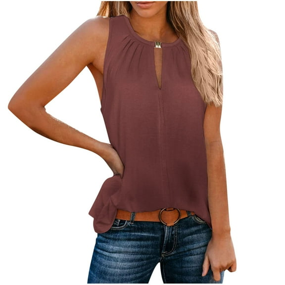 Womens Keyhole Neck Tank Tops Pleated Summer Casual Sleeveless Tee Shirts Polyester Soft Plain Tshirts Blouses (Large, Coffee)