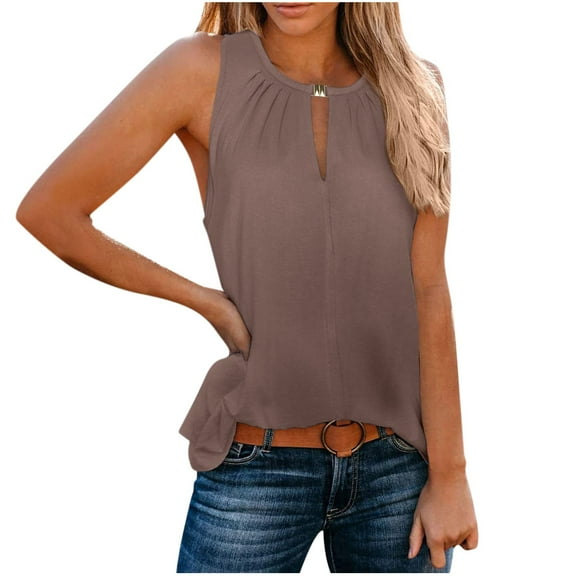 Womens Keyhole Neck Tank Tops Pleated Summer Casual Sleeveless Tee Shirts Polyester Soft Plain Tshirts Blouses (Medium, Brown)