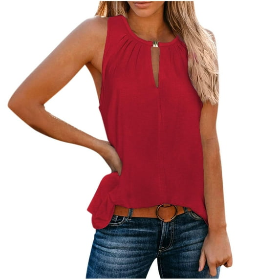 Womens Keyhole Neck Tank Tops Pleated Summer Casual Sleeveless Tee Shirts Polyester Soft Plain Tshirts Blouses (Medium, Red)