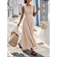 thumbnail image 1 of Womens Khaki And Cream Striped Sleeveless Dress, Round Neck Cinched Waist, 1 of 3