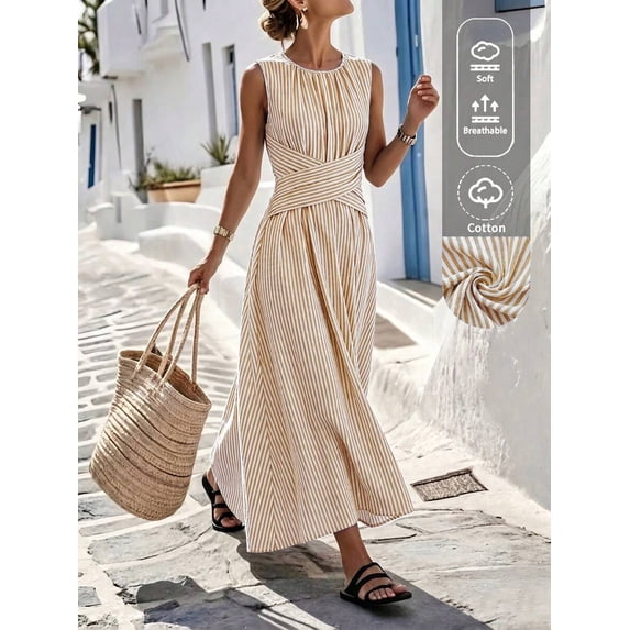 Womens Khaki And Cream Striped Sleeveless Dress, Round Neck Cinched Waist