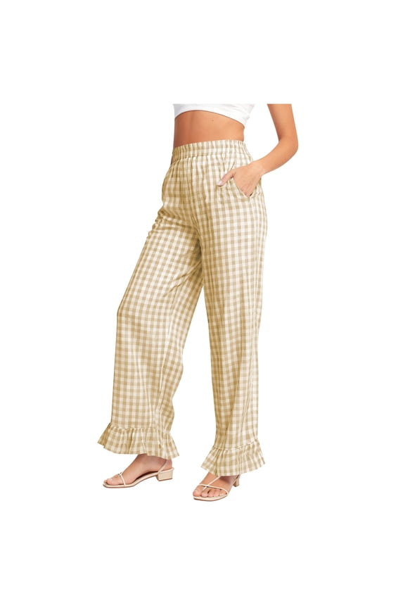 Womens Khaki/Beige Gingham Wide Leg Pants with Elastic Waist & Pockets - Ruffle Hem Casual Trousers for Lounge,Size M