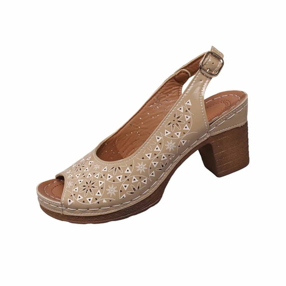 Womens Khaki Block Heel Sandals Peep Toe Slingback with Cut-Out Design for Wedding Office Comfortable Adjustable Strap,Size 9