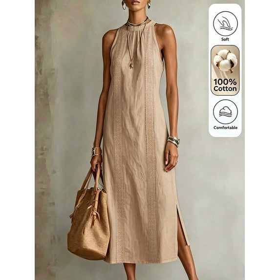 Womens Khaki Casual Summer Maxi Dress Halter Sleeveless Long Vacation Dress