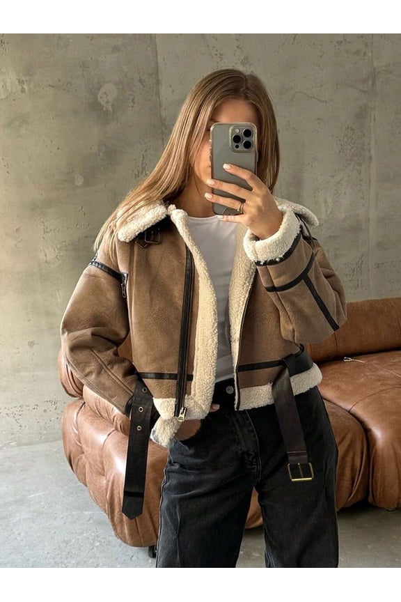Womens Khaki Faux Suede Shearling Lined Aviator Jacket With Belt
